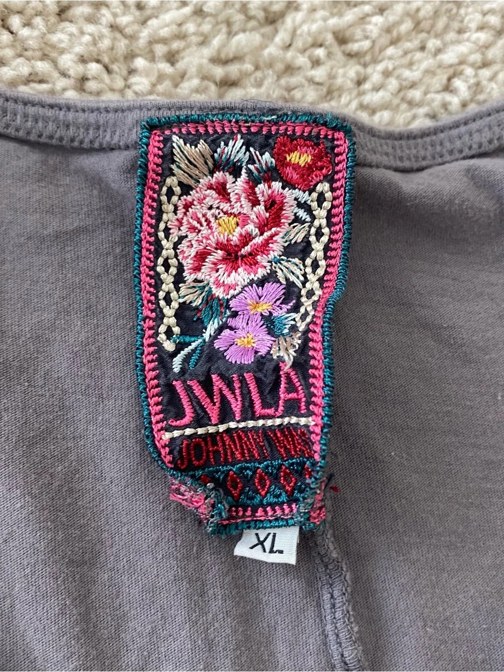 Johnny Was XL Georgette Gray Embroidered Blouse with Flower Tribal Boho Festival - Picture 3 of 7